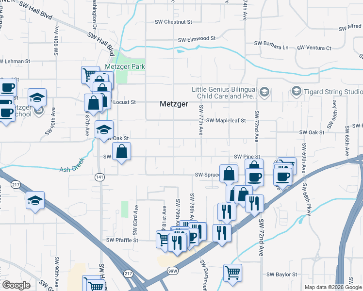 map of restaurants, bars, coffee shops, grocery stores, and more near 10534 Southwest 80th Avenue in Portland