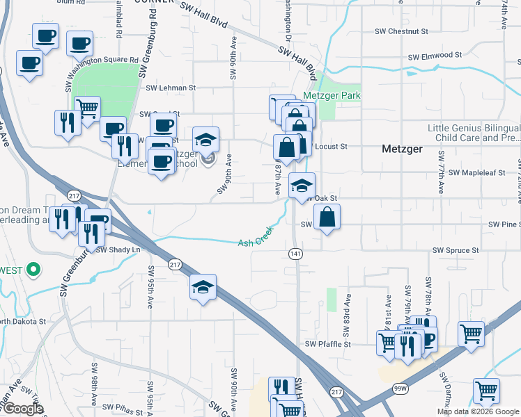 map of restaurants, bars, coffee shops, grocery stores, and more near 8840 Southwest Oak Street in Tigard
