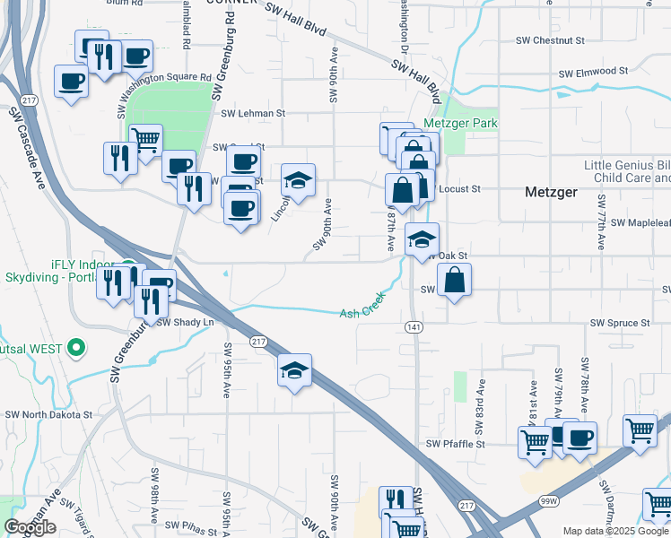 map of restaurants, bars, coffee shops, grocery stores, and more near 8910 Southwest Oak Street in Tigard