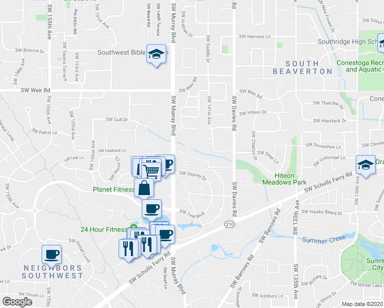 map of restaurants, bars, coffee shops, grocery stores, and more near 14275 Southwest Cougar Ridge Drive in Beaverton