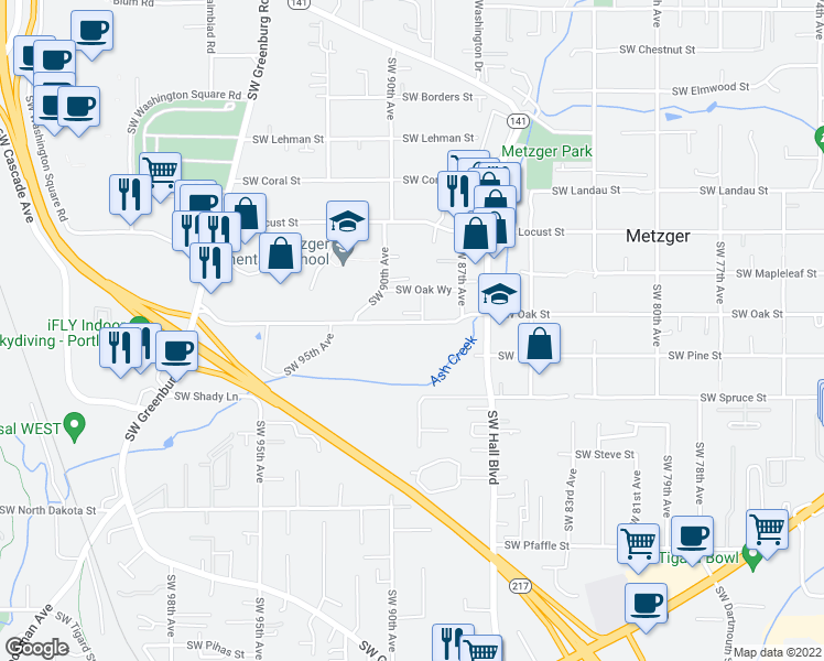 map of restaurants, bars, coffee shops, grocery stores, and more near 8900 Southwest Oak Street in Tigard