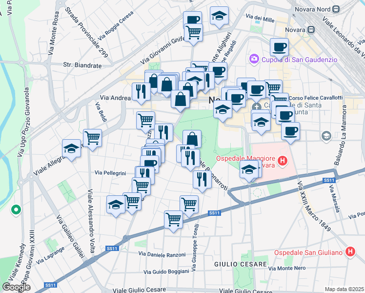 map of restaurants, bars, coffee shops, grocery stores, and more near 6 Via Michelangelo in Novara