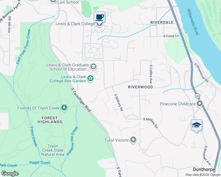 map of restaurants, bars, coffee shops, grocery stores, and more near 948 South Palatine Hill Road in Portland