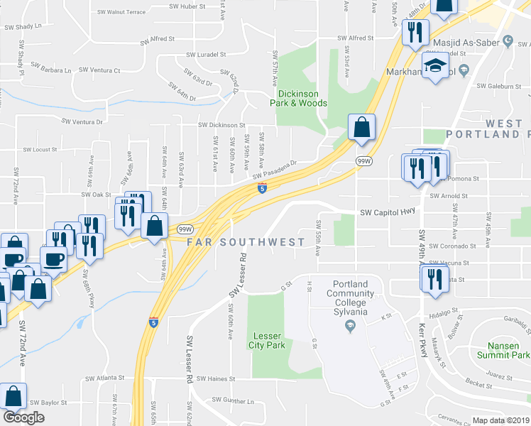 map of restaurants, bars, coffee shops, grocery stores, and more near 11240 Pacific Highway West in Portland
