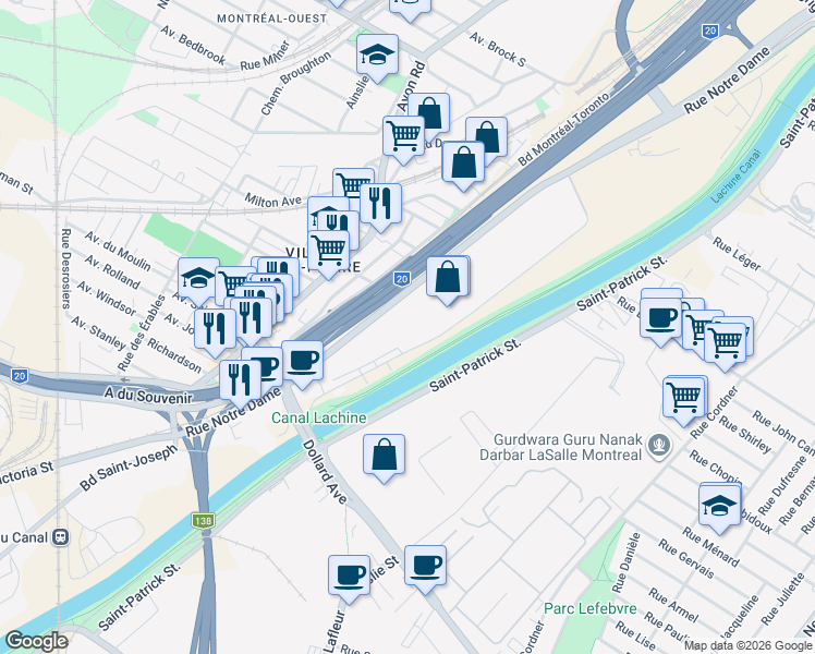 map of restaurants, bars, coffee shops, grocery stores, and more near 300 Rue de la Berge-du-Canal in Montréal