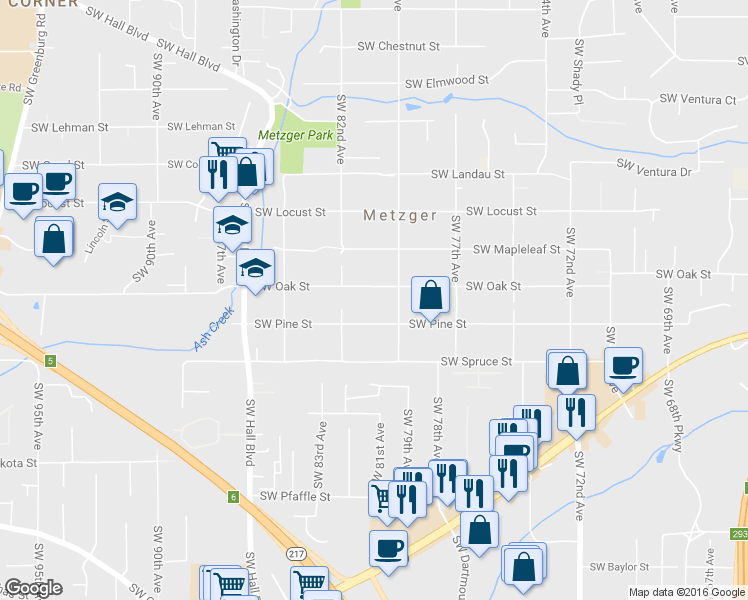 map of restaurants, bars, coffee shops, grocery stores, and more near 8112 Southwest Oak Street in Tigard