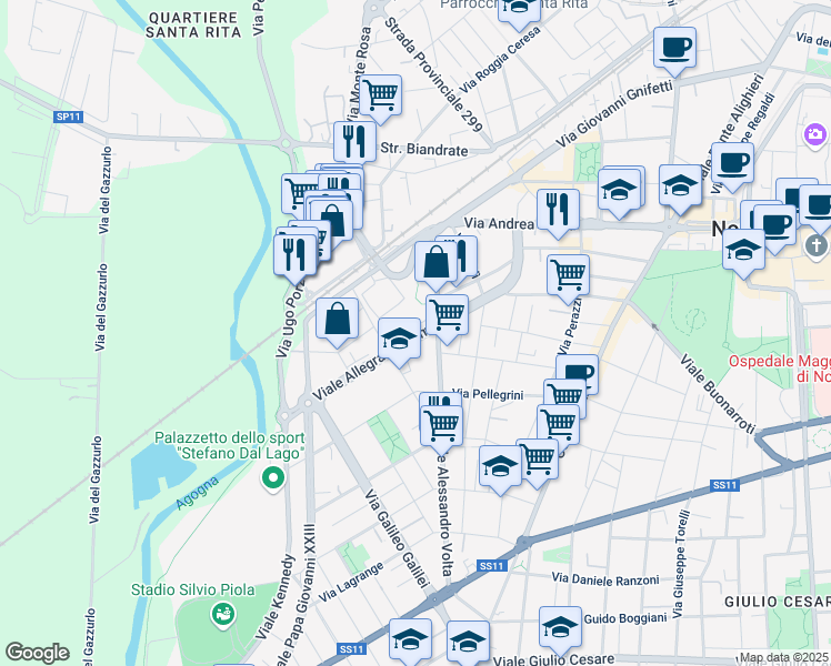 map of restaurants, bars, coffee shops, grocery stores, and more near 12 Viale Allegra Giacomo in Novara