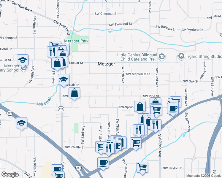 map of restaurants, bars, coffee shops, grocery stores, and more near 10534 Southwest 80th Avenue in Portland