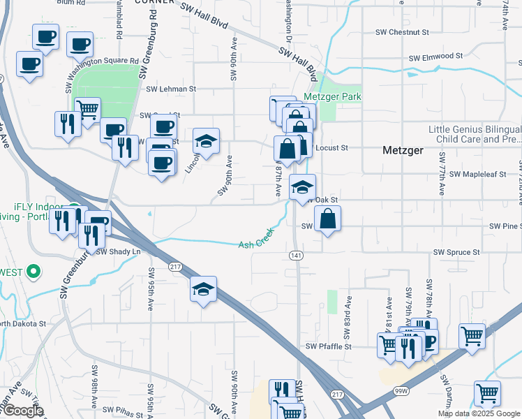 map of restaurants, bars, coffee shops, grocery stores, and more near 8840 Southwest Oak Street in Tigard