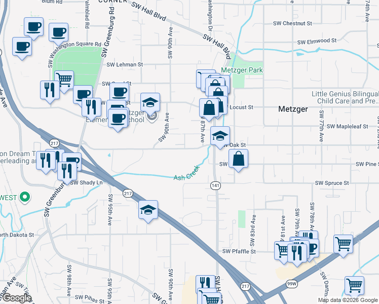map of restaurants, bars, coffee shops, grocery stores, and more near 8840 Southwest Oak Street in Tigard