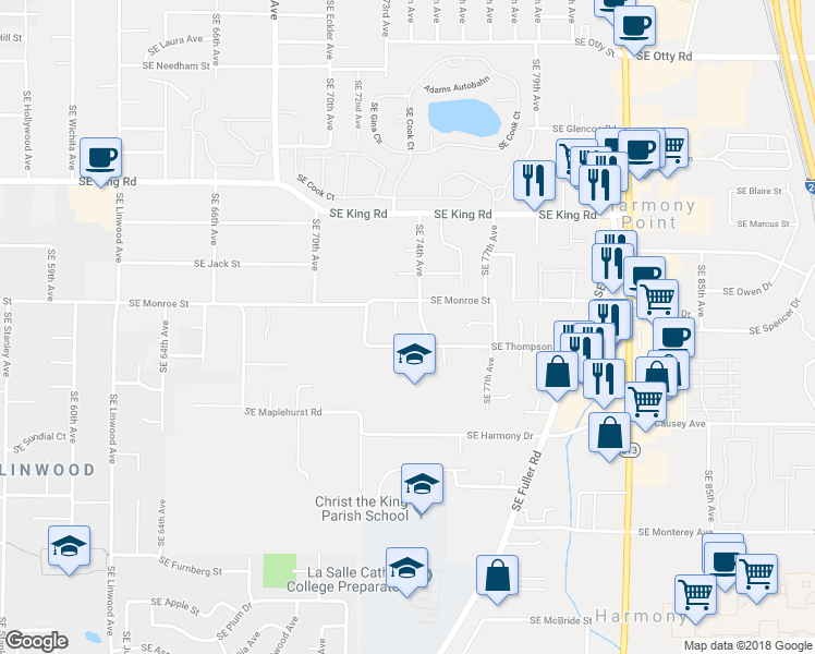 map of restaurants, bars, coffee shops, grocery stores, and more near 10884 Southeast 73rd Court in Milwaukie