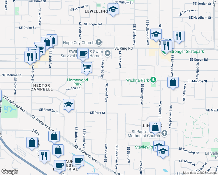 map of restaurants, bars, coffee shops, grocery stores, and more near 10918 Southeast Wood Avenue in Milwaukie