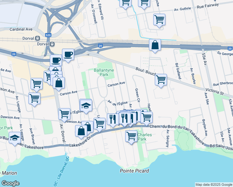 map of restaurants, bars, coffee shops, grocery stores, and more near 275 Avenue Tulip in Dorval
