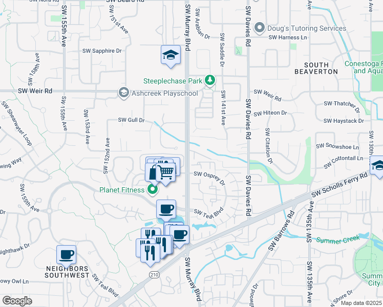 map of restaurants, bars, coffee shops, grocery stores, and more near 10465 Southwest Cougar Lane in Beaverton