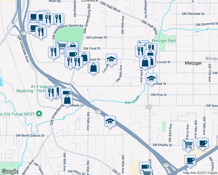 map of restaurants, bars, coffee shops, grocery stores, and more near 9244 Southwest Oak Street in Tigard