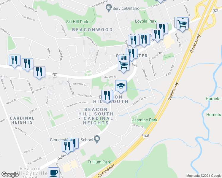 map of restaurants, bars, coffee shops, grocery stores, and more near 1212 Bethamy Lane in Ottawa