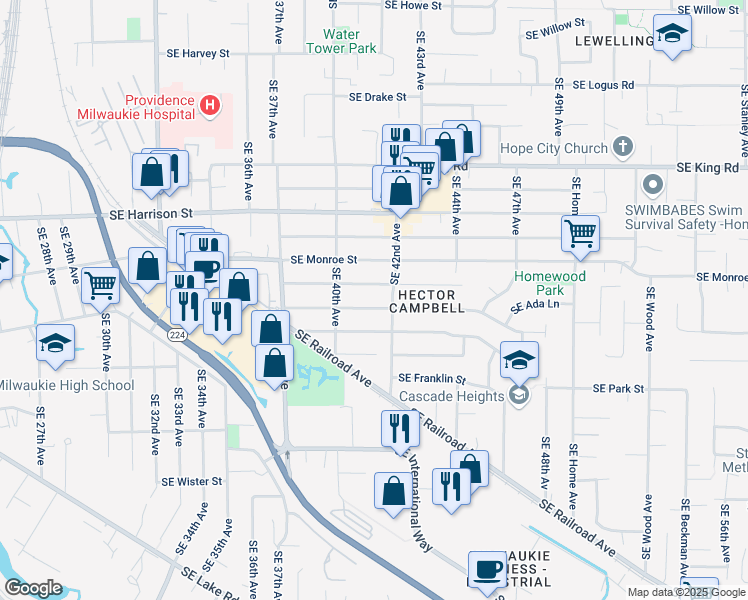 map of restaurants, bars, coffee shops, grocery stores, and more near 4115 Southeast Washington Street in Milwaukie