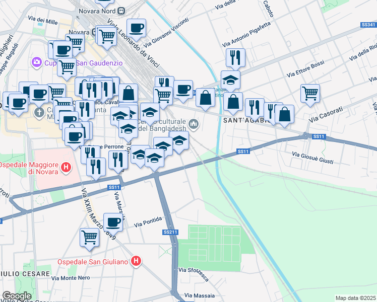 map of restaurants, bars, coffee shops, grocery stores, and more near 20 Via Monsignore Leone Ossola in Novara