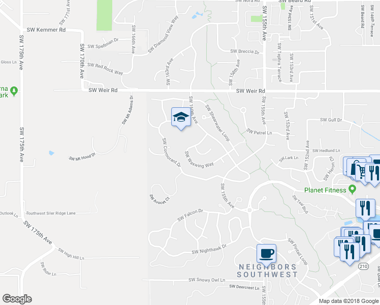 map of restaurants, bars, coffee shops, grocery stores, and more near 16028 Southwest Waxwing Way in Beaverton
