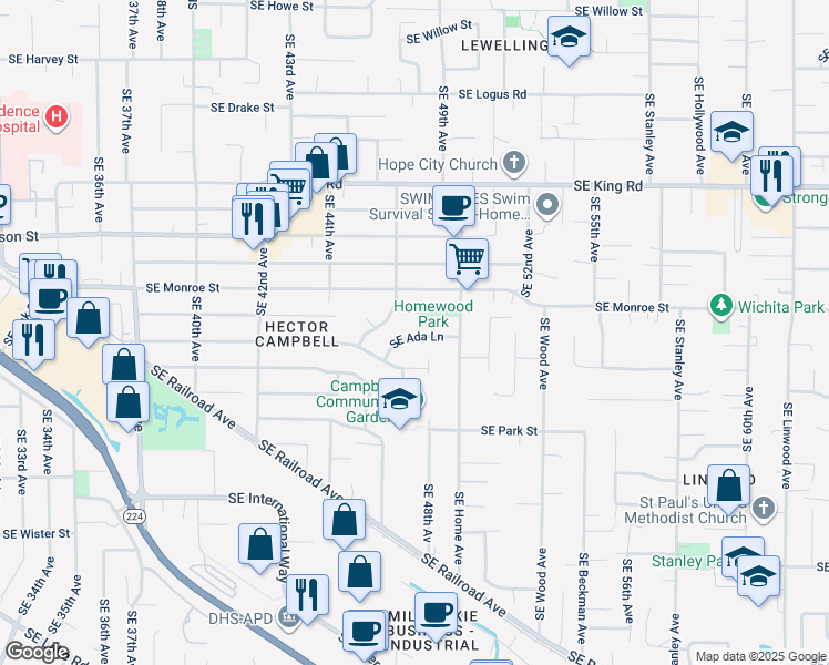 map of restaurants, bars, coffee shops, grocery stores, and more near 4871 Southeast Ada Lane in Milwaukie