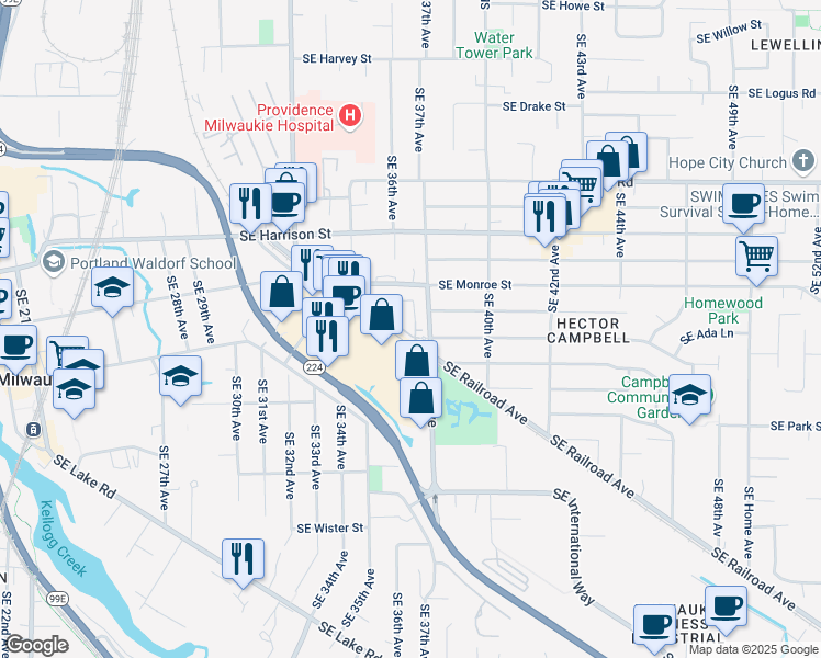 map of restaurants, bars, coffee shops, grocery stores, and more near 10999 Southeast 37th Avenue in Milwaukie