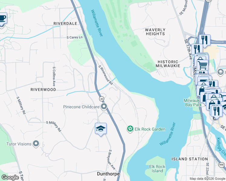 map of restaurants, bars, coffee shops, grocery stores, and more near 11159 South Riverwood Road in Portland