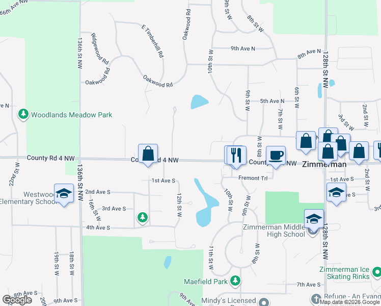 map of restaurants, bars, coffee shops, grocery stores, and more near 13229 Fremont Avenue in Zimmerman