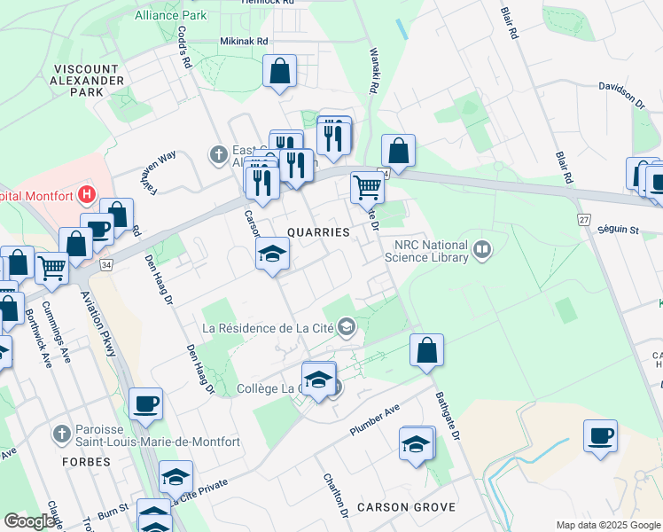 map of restaurants, bars, coffee shops, grocery stores, and more near 689 Crystal Street in Ottawa