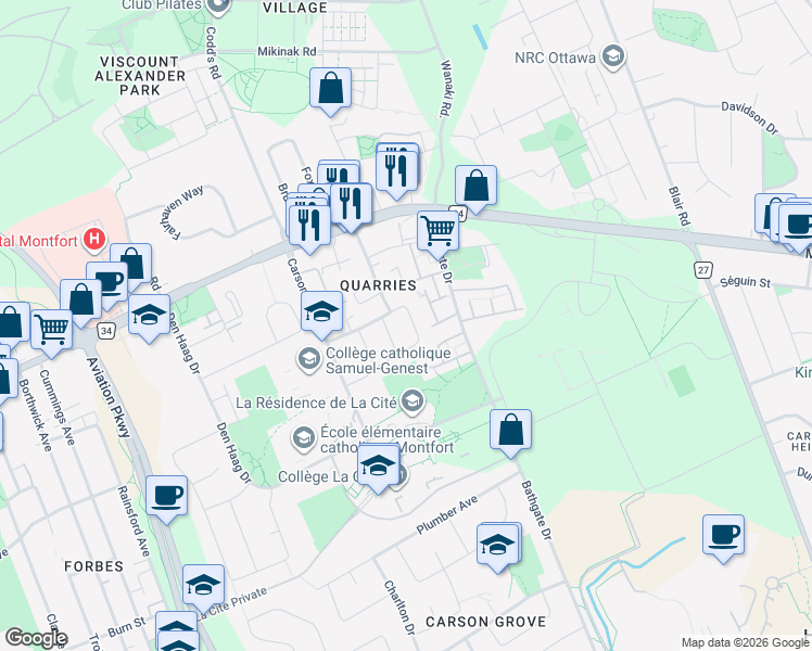 map of restaurants, bars, coffee shops, grocery stores, and more near 694 Eastfield Street in Ottawa