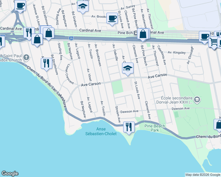 map of restaurants, bars, coffee shops, grocery stores, and more near 284 Avenue Stream in Dorval