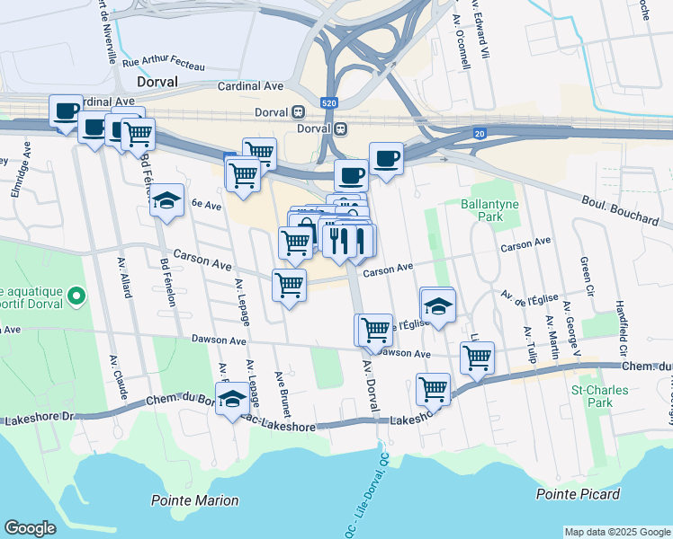 map of restaurants, bars, coffee shops, grocery stores, and more near 340 Avenue Dorval in Dorval
