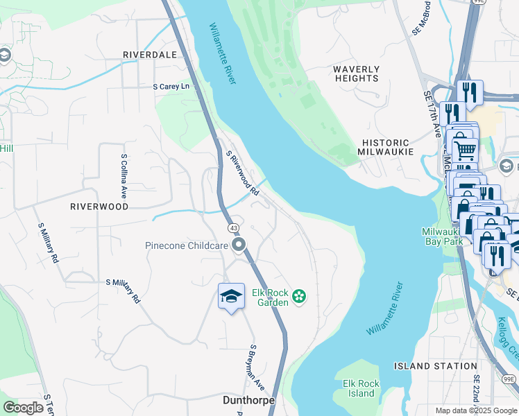 map of restaurants, bars, coffee shops, grocery stores, and more near 11159 South Riverwood Road in Portland
