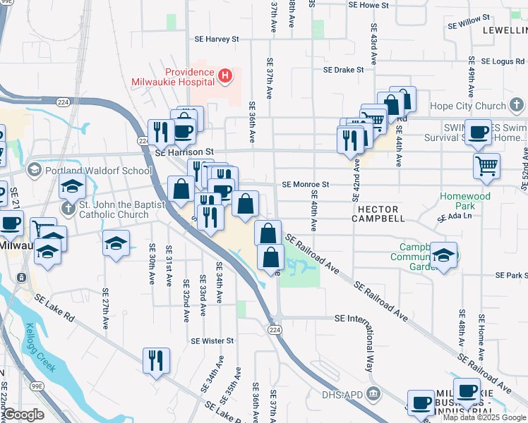 map of restaurants, bars, coffee shops, grocery stores, and more near 10999 Southeast 37th Avenue in Milwaukie
