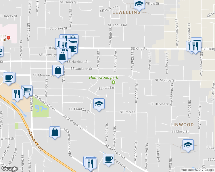 map of restaurants, bars, coffee shops, grocery stores, and more near 4871 Southeast Ada Lane in Milwaukie