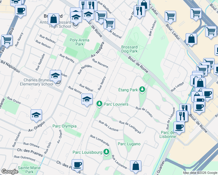 map of restaurants, bars, coffee shops, grocery stores, and more near 7430 Rue de Liège in Brossard
