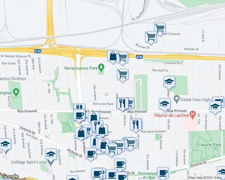map of restaurants, bars, coffee shops, grocery stores, and more near 2675 Rue Thessereault in Montréal