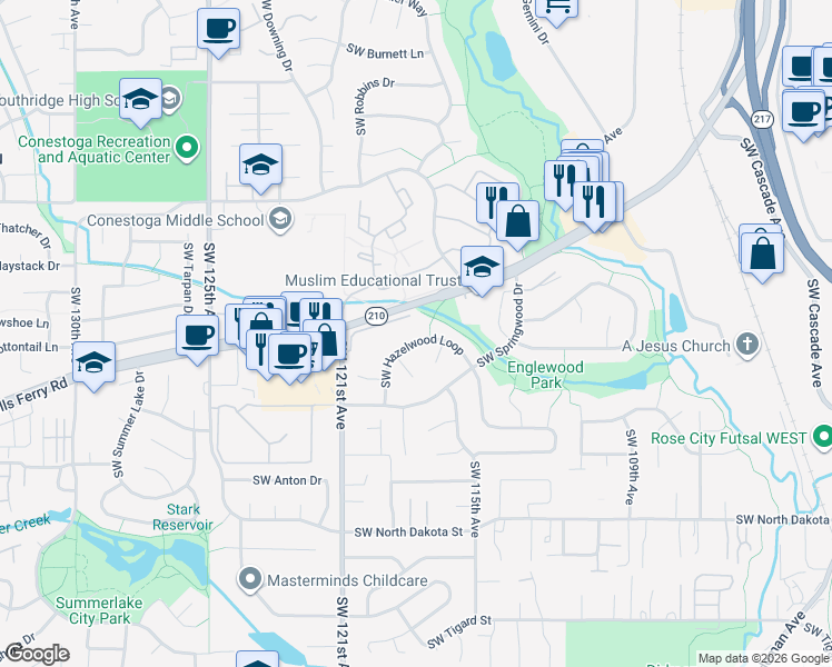 map of restaurants, bars, coffee shops, grocery stores, and more near 11605 Southwest Hazelwood Loop in Portland