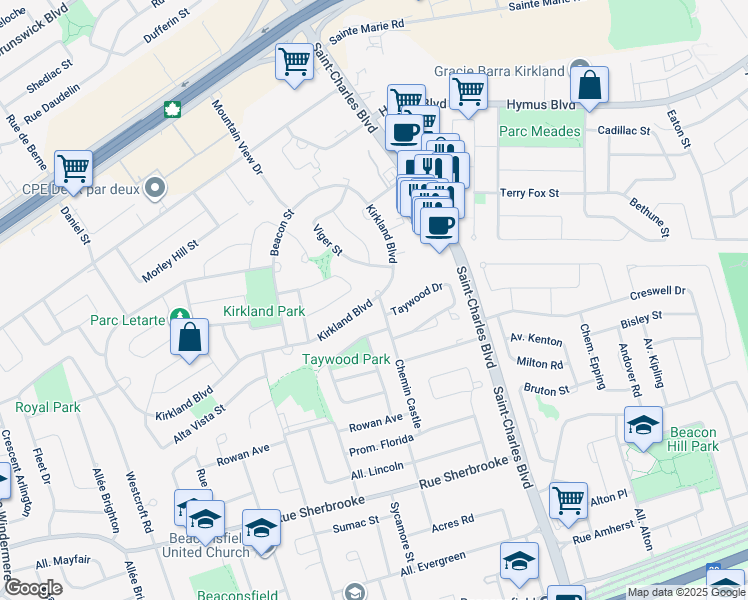 map of restaurants, bars, coffee shops, grocery stores, and more near 43 Kirkland Boulevard in Kirkland