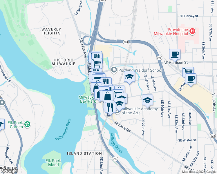 map of restaurants, bars, coffee shops, grocery stores, and more near 10900 Southeast 21st Avenue in Milwaukie