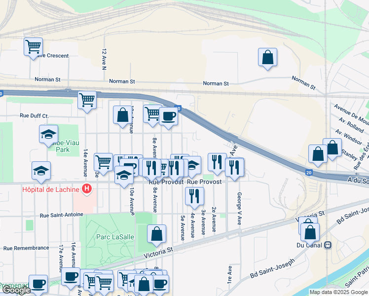 map of restaurants, bars, coffee shops, grocery stores, and more near 776 5e Avenue in Montréal