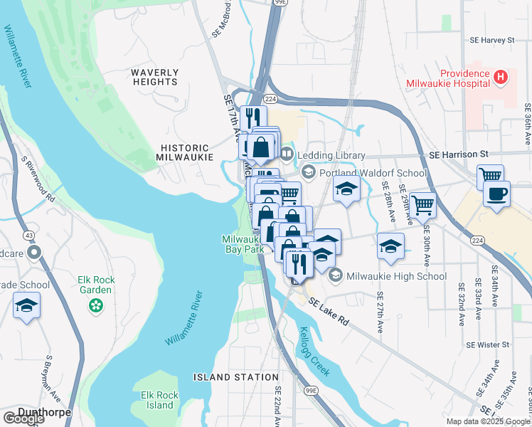 map of restaurants, bars, coffee shops, grocery stores, and more near 1991 Southeast Monroe Street in Milwaukie