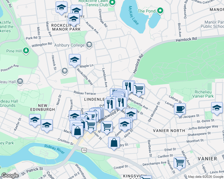 map of restaurants, bars, coffee shops, grocery stores, and more near 234 Rideau Terrace in Ottawa