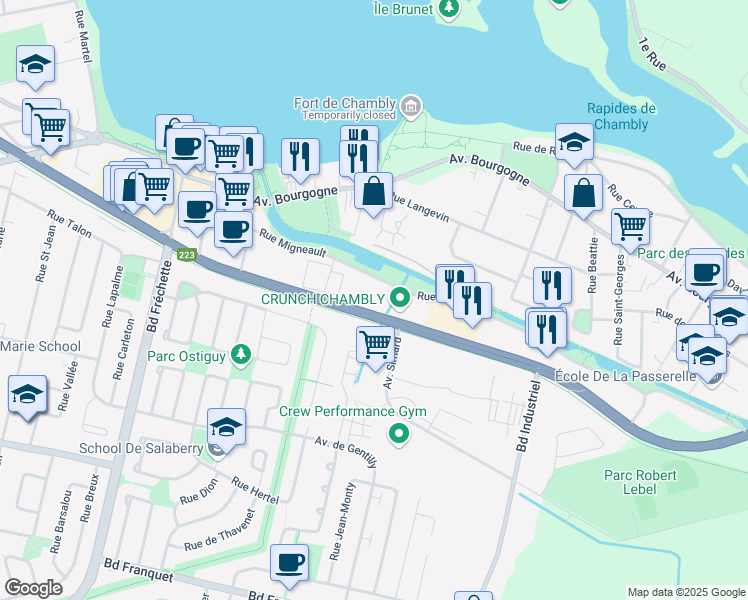 map of restaurants, bars, coffee shops, grocery stores, and more near 1717 Boulevard de Périgny in Chambly