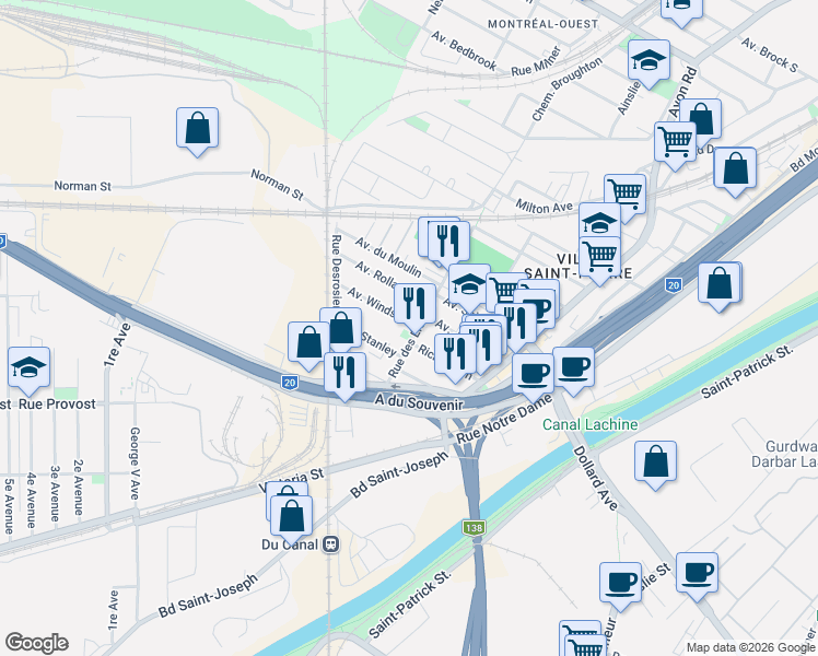 map of restaurants, bars, coffee shops, grocery stores, and more near 14 Avenue Windsor in Montréal
