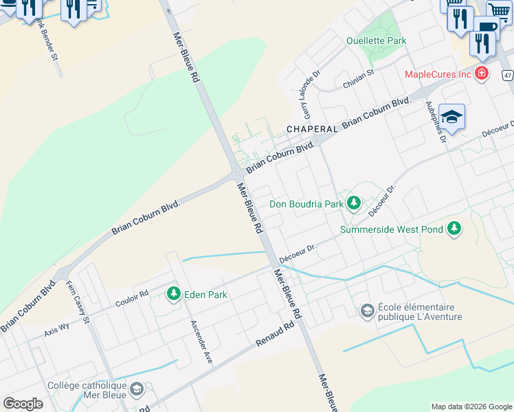 map of restaurants, bars, coffee shops, grocery stores, and more near 401 Broadcast Avenue in Ottawa