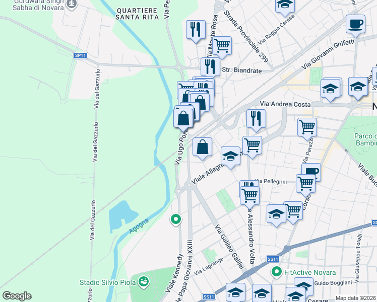 map of restaurants, bars, coffee shops, grocery stores, and more near 16 Via Madre Teresa di Calcutta in Novara