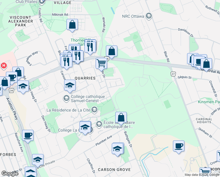 map of restaurants, bars, coffee shops, grocery stores, and more near 338 Stone Quarry Private in Ottawa