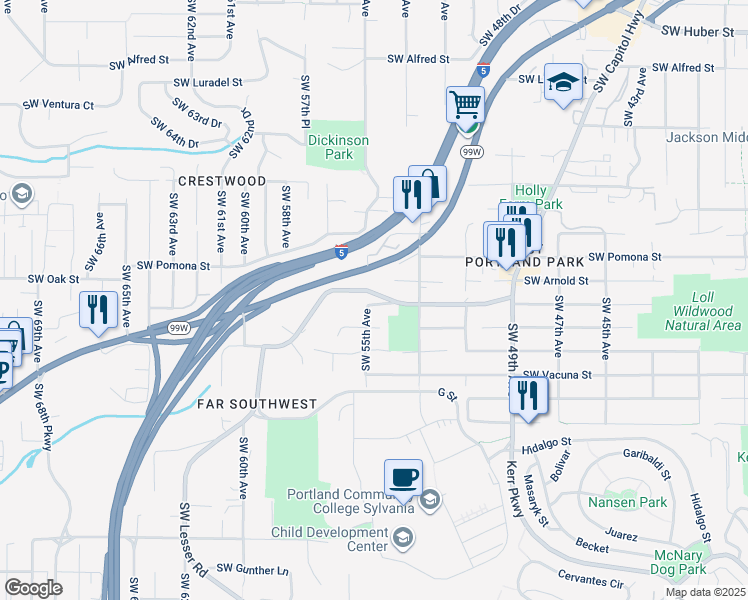 map of restaurants, bars, coffee shops, grocery stores, and more near 5445 Southwest Palatine Street in Portland