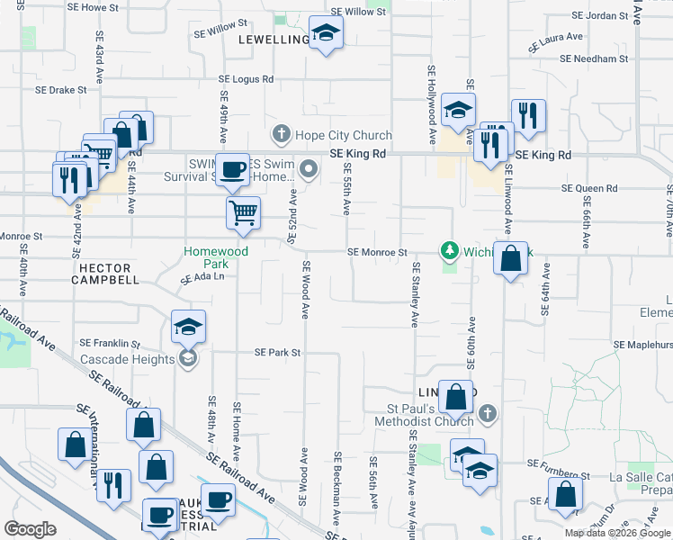 map of restaurants, bars, coffee shops, grocery stores, and more near 10916 Southeast 54th Place in Milwaukie