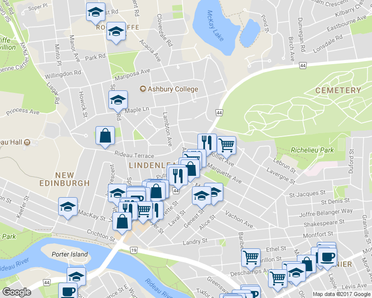 map of restaurants, bars, coffee shops, grocery stores, and more near 66 Acacia Avenue in Ottawa